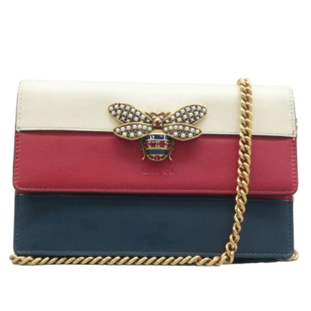 Authentic GUCCI Queen Margaret Red&White&Navy Leather Shoulder Bag 585-120524 - Picture 1 of 15